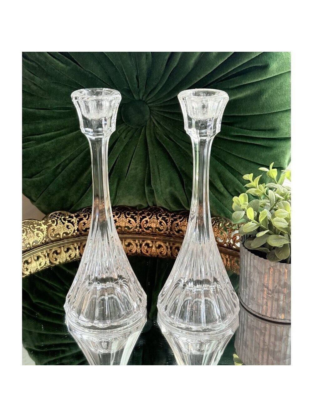 Vintage Crystal Candlestick Holders | Pair of Faceted Glass Candle Holders